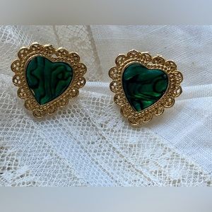 Cabochon Jade Green Marble Gold Plated Heart Pierced Earrings Woman’s Jewelry